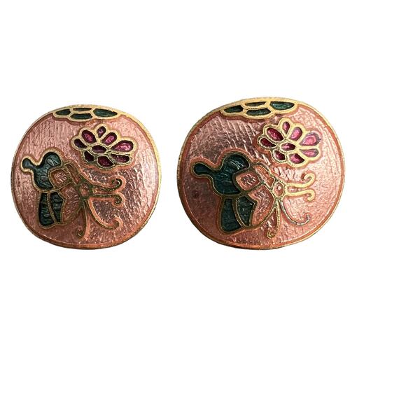 Vintage cloisonné pink and gold floral post earrings - Picture 1 of 4